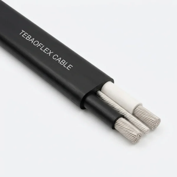 P12 TYPE-G-FLAT-2KV Main Product Image TEBAOFLEX Type G Flat 2kV shuttle-car mining cable with 2 parallel EPR power cores, 1 centered bare tinned copper ground conductor and black CPE jacket