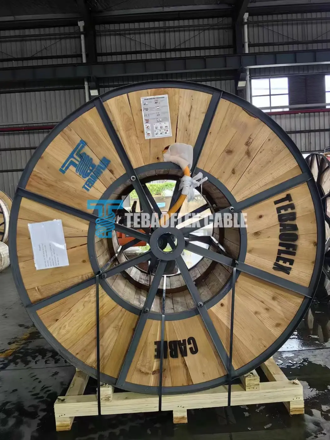 TEBAOFLEX branded wooden export drum prepared for Type G-GC mining cable shipment