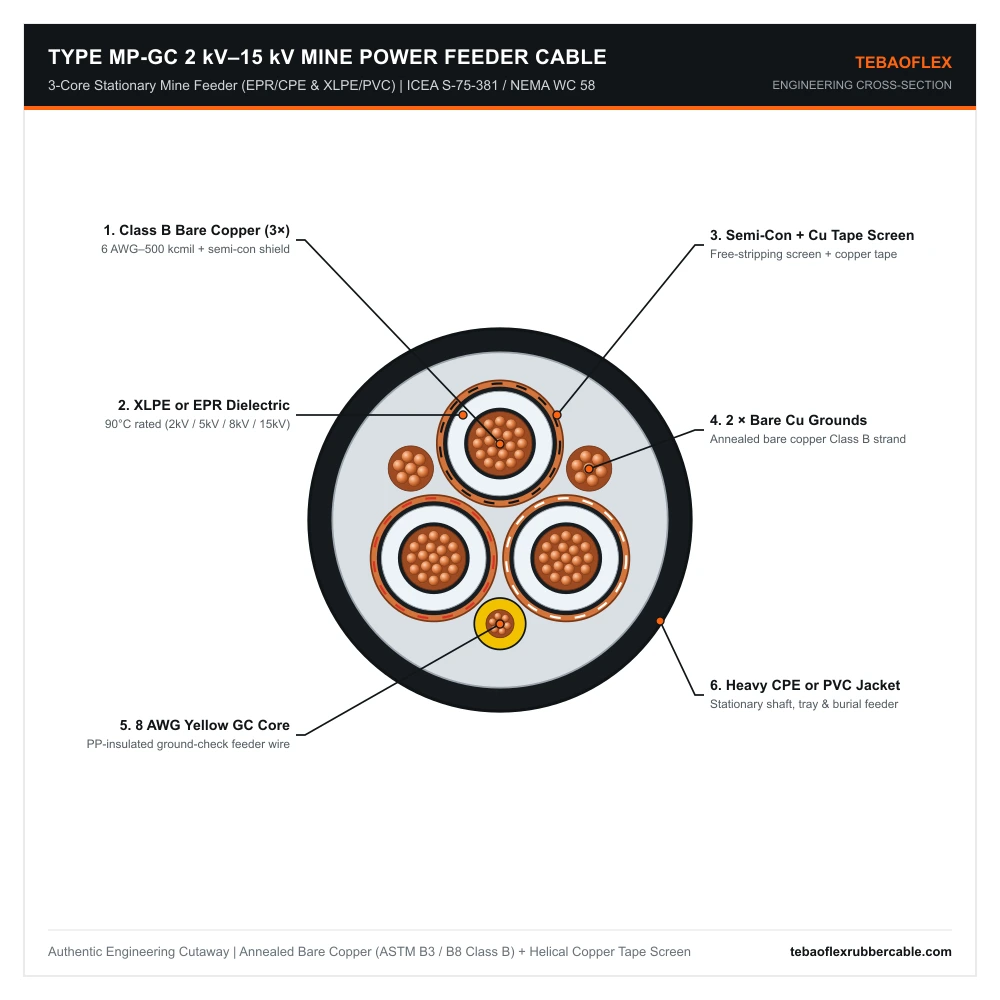 Type MP-GC 2kV-15kV 3-conductor stationary mine power feeder cable cross-section showing bare copper conductors and copper tape screens per ICEA S-75-381