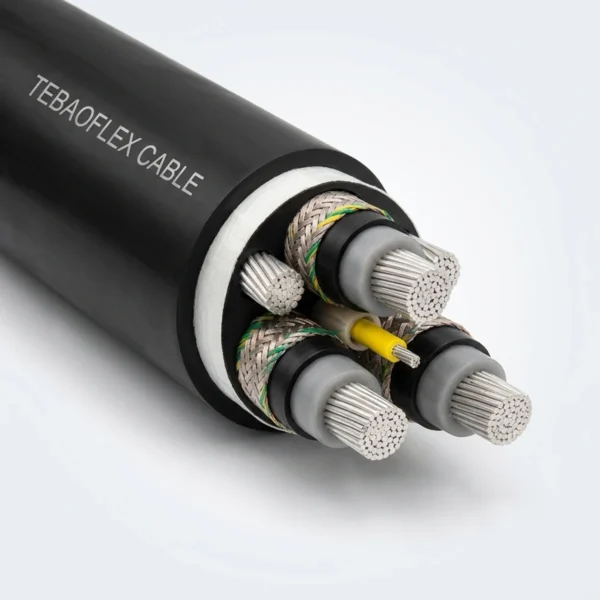 P08 TYPE-SHD-CGC-2KV-5KV Main Product Image TEBAOFLEX Type SHD-CGC 2kV and 5kV center ground-check longwall mining cable with central 16 AWG yellow GC pilot, 3 braided EPR power cores and black CPE jacket