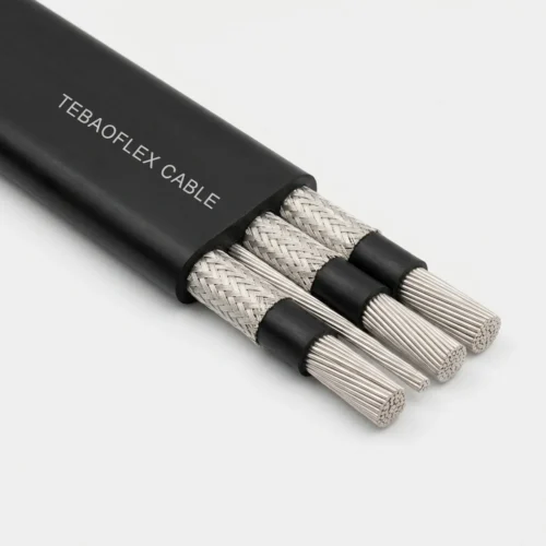 TEBAOFLEX Type SHD Flat 2kV shielded underground mining cable with 3 flat parallel braided EPR power cores, 1 bare tinned copper ground and black CPE jacket