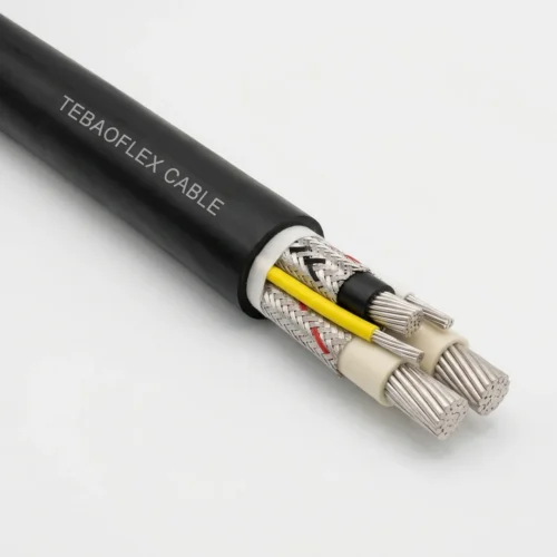TEBAOFLEX Type SHD-GC 2kV shielded portable mining power cable with tinned copper braid shields, 2 bare grounds, yellow GC and CPE/TPU jacket