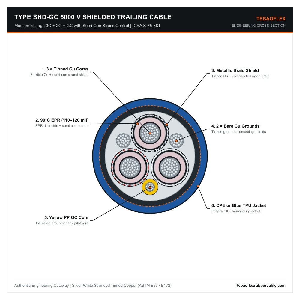Type SHD-GC 5000V shielded mining trailing cable engineering cross-section diagram per ICEA S-75-381