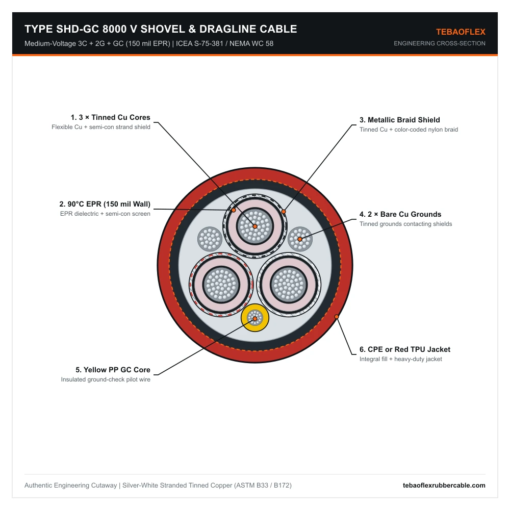 Type SHD-GC 8000V shovel and dragline cable cross-section diagram per ICEA S-75-381