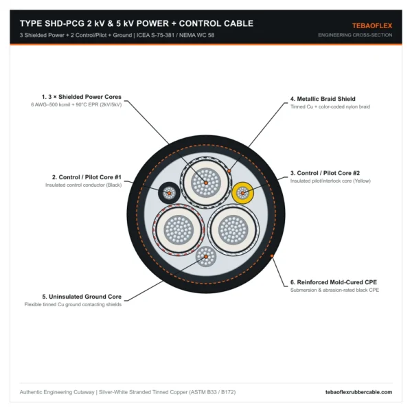 P09 TYPE-SHD-PCG-2KV-5KV Engineering Cross-Section Type SHD-PCG 2000V and 5000V composite power control and ground mining cable cross-section diagram per ICEA S-75-381