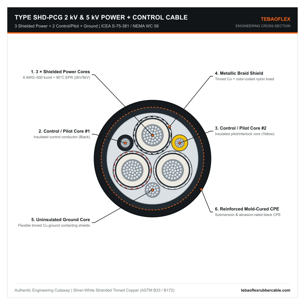 Type SHD-PCG 2000V and 5000V composite power control and ground mining cable cross-section diagram per ICEA S-75-381