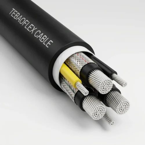 TEBAOFLEX Type SHD-PCG 2kV and 5kV shielded power control and ground mining cable with 3 braided EPR power cores, 2 insulated control cores, 1 ground and CPE jacket