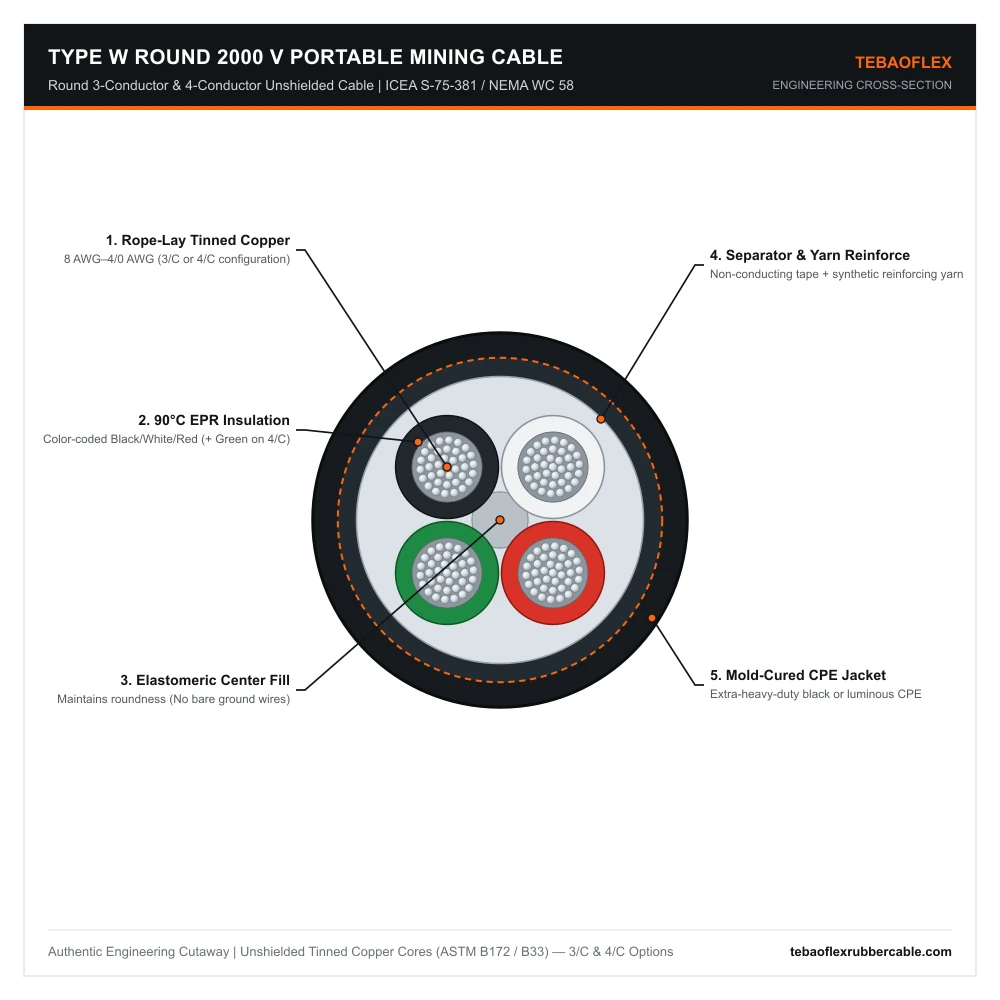 Type W Round 2000V 3-conductor and 4-conductor unshielded portable mining cable cross-section per ICEA S-75-381