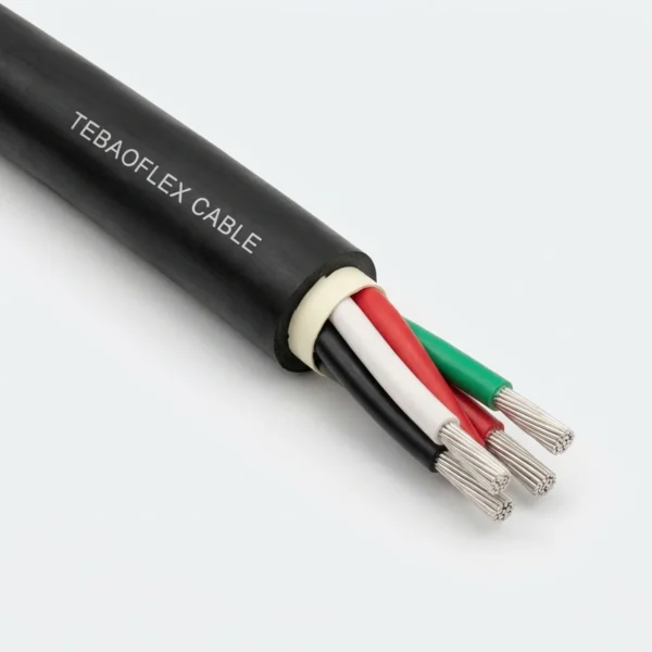 P10 TYPE-W-ROUND-2KV Main Product Image TEBAOFLEX Type W Round 2kV portable mining power cable with 4 color-coded EPR cores, flexible tinned copper strands and black mold-cured CPE jacket