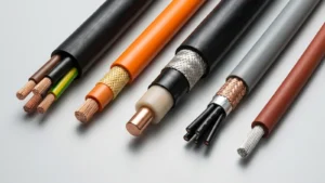 Five industrial electrical cable cutaways showing EPR rubber power cable, orange PUR anti-torsion reeling cable, medium-voltage screened cable, braided EMC control cable, and high-temperature silicone wire
