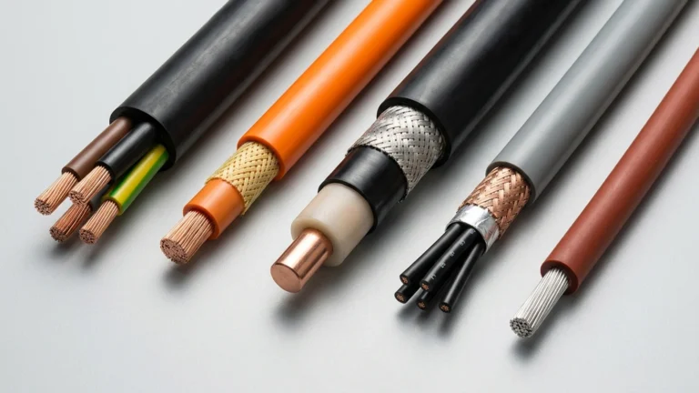 Five industrial electrical cable cutaways showing EPR rubber power cable, orange PUR anti-torsion reeling cable, medium-voltage screened cable, braided EMC control cable, and high-temperature silicone wire