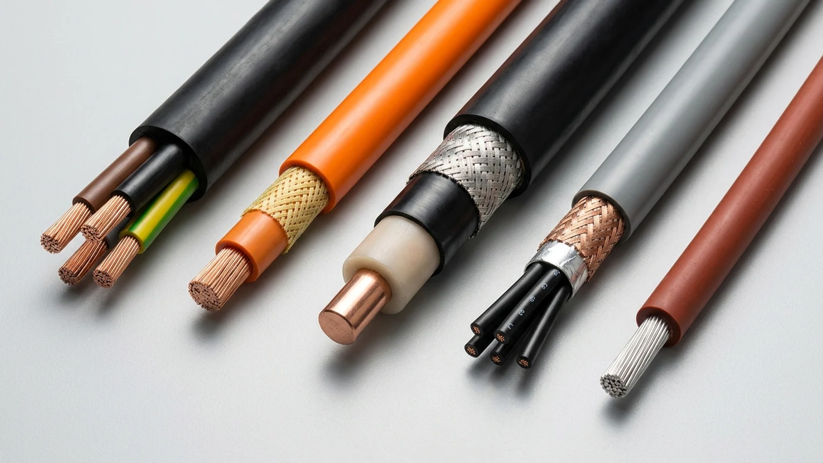 Five industrial electrical cable cutaways comparing rubber power, orange PUR anti-torsion reeling, medium-voltage screened, braided control, and high-temperature silicone cables