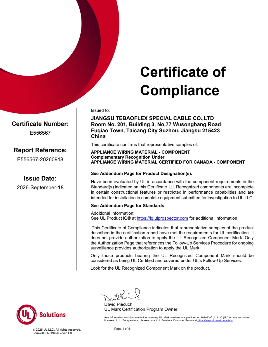 UL and cUL AWM component recognition certificate E556567 under UL 758