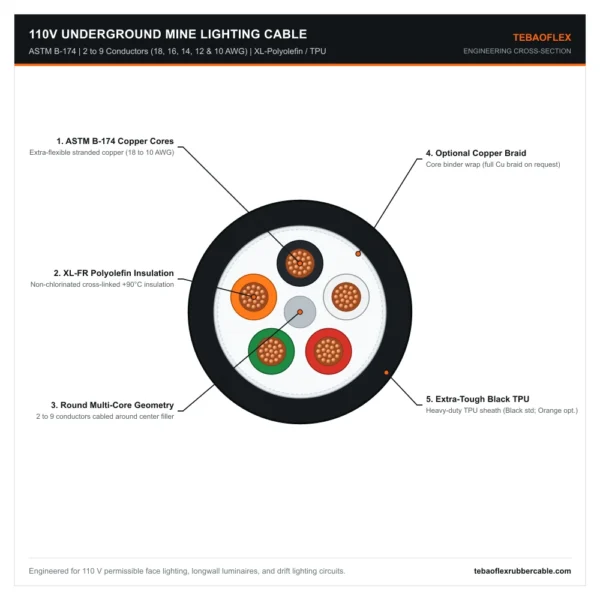 P17 UNDERGROUND-LIGHTING-110V Engineering Cross-Section 110V underground mine lighting cable cross-section showing multi-core XL-FR polyolefin conductors and extra-tough black TPU outer jacket