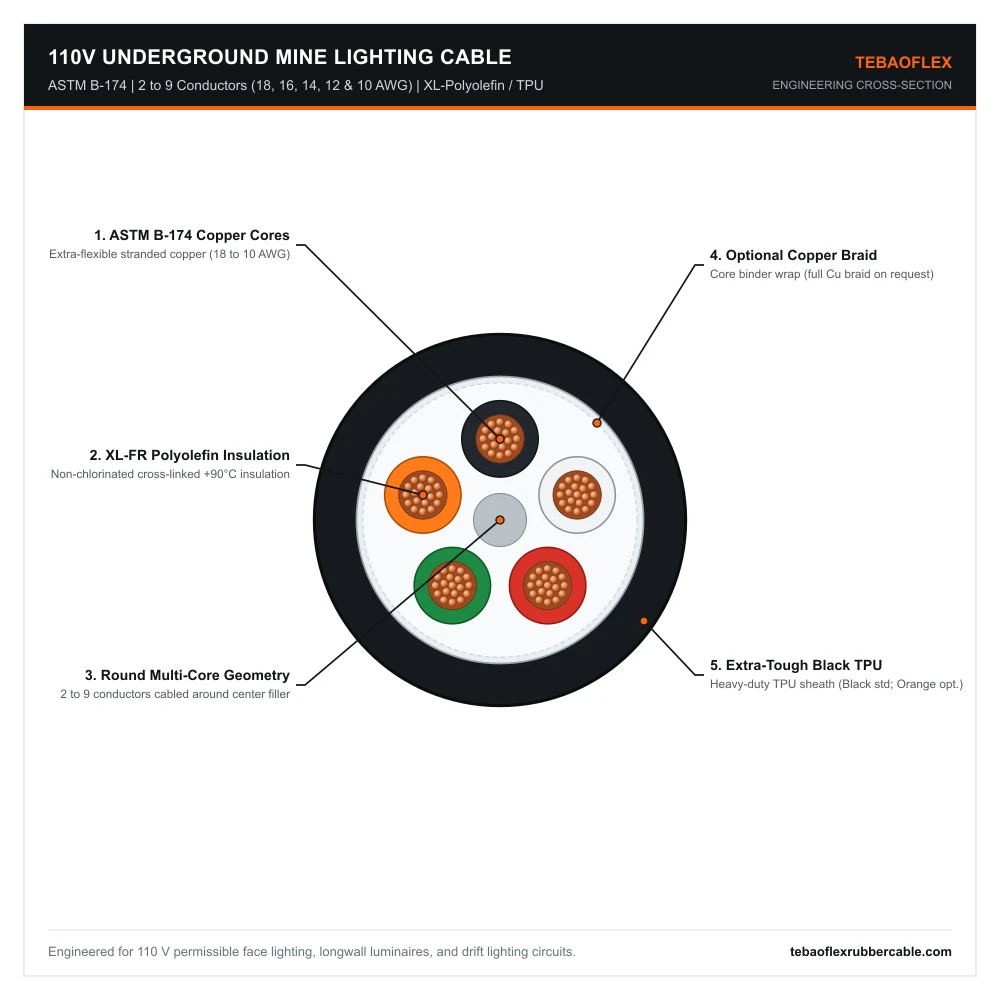 110V underground mine lighting cable cross-section showing multi-core XL-FR polyolefin conductors and extra-tough black TPU outer jacket