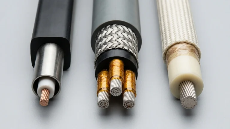 Studio macro cutaway comparing an upstream Inconel 825 encapsulated TEC downhole cable, an offshore NEK 606 BFOU mica-taped mud-resistant power cable, and a downstream 25 kV fiberglass-fluoropolymer flare igniter wire