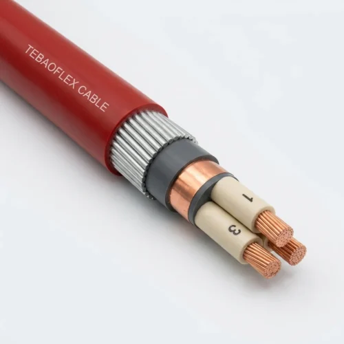 YKGYFOYN-SWA Polish Standard Underground Mining Cable Studio Image TEBAOFLEX YKGYFoyn Polish standard SWA vertical shaft mining power cable showing red flame-retardant PVC outer sheath, round galvanized steel wire armour Fo, copper tape screen and compacted copper cores