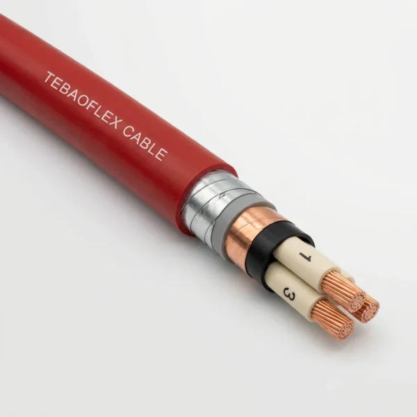 YKGYFTZNYN-366KV Polish Standard Underground Mining Cable Studio Image TEBAOFLEX YKGYFtZnyn 3.6/6 kV medium-voltage Polish underground mining power cable with red flame-retardant PVC outer sheath, galvanized steel tape armour, copper tape screen and 3 numbered Class 2 copper cores