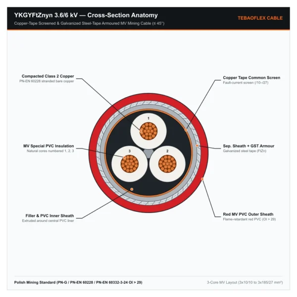 YKGYFTZNYN-366KV Engineering Cross-Section Diagram YKGYFtZnyn 3.6/6 kV medium-voltage mining cable cross-section diagram showing 3 numbered compacted copper cores, copper tape common screen, galvanized steel tape armour FtZn and red OI above 29 PVC outer sheath