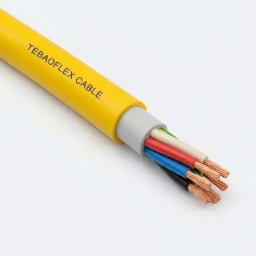 YKGYYN-ZO-061KV Polish Standard Underground Mining Cable Studio Image TEBAOFLEX YKGYyn-żo 0.6/1 kV double-sheathed Polish mining power cable showing yellow flame-retardant PVC outer sheath, stepped grey PVC inner sheath and 5 bare copper cores with green-yellow PE