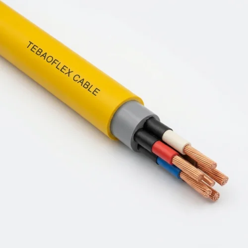 YNOGYEK-061KV Polish Standard Underground Mining Cable Studio Image TEBAOFLEX YnOGYek 0.6/1 kV screened flexible Polish mining cable with yellow PVC outer sheath, grey inner sheath, 3 semi-conductive screened power cores, brown control core and central bare copper earth