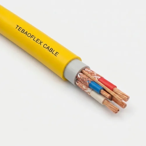 YNOGYEKM-061KV Polish Standard Underground Mining Cable Studio Image TEBAOFLEX YnOGYekm 0.6/1 kV braid-screened flexible Polish mining cable with yellow PVC outer sheath, grey inner sheath, copper-plastic hybrid braid screens on power cores and central bare copper wire