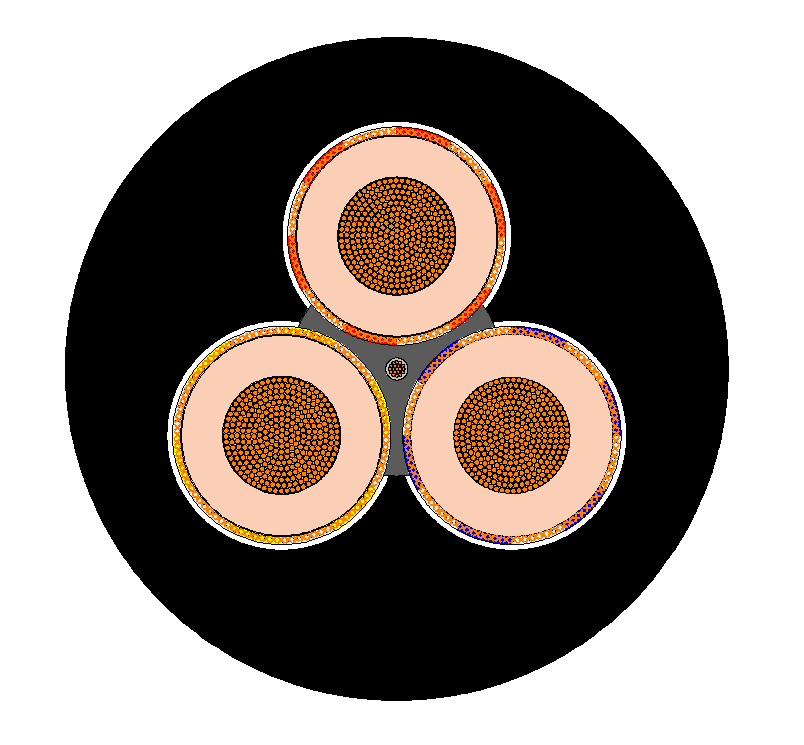 Cross-section diagram of Type 209 AS/NZS 1802 mining cable with three phase cores, composite earth screen, and single extensible central pilot
