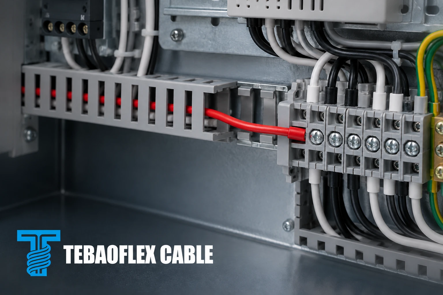 Illustrative red PVC-insulated single-core wire routed to a terminal block inside an electrical cabinet