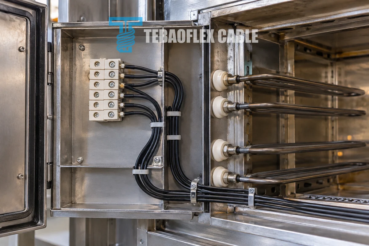 Black silicone high-temperature wires routed inside an industrial heating appliance control compartment
