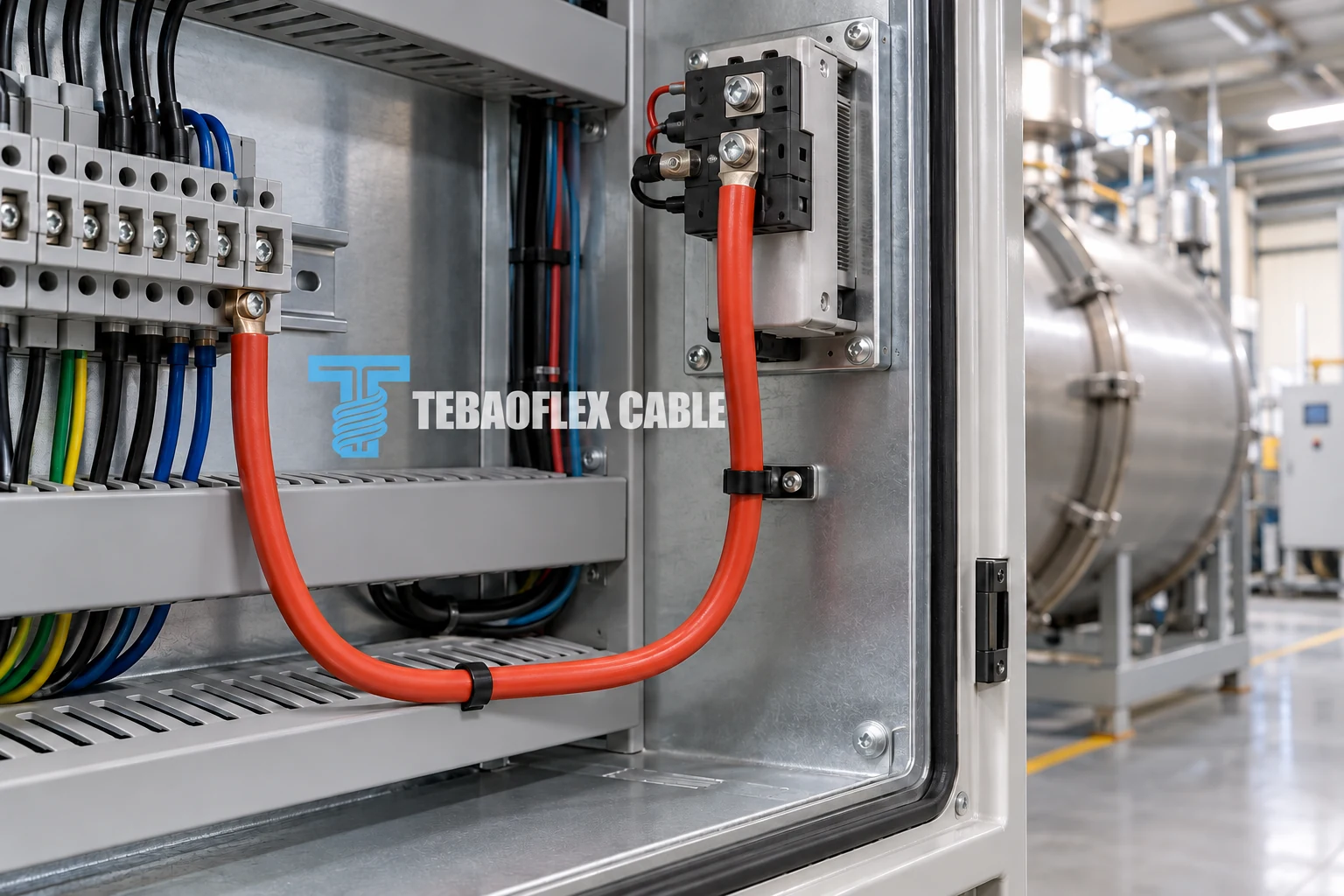 Illustrative red silicone insulated wire routed inside a protected industrial heating-equipment control enclosure