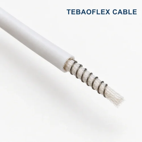 TEBAOFLEX UL 3323 Silicone Rubber Heating Wire 200°C 300V Cutaway TEBAOFLEX UL 3323 style 200°C 300V silicone rubber heating wire cutaway showing white fiberglass center core and spirally wound resistance alloy heating wire