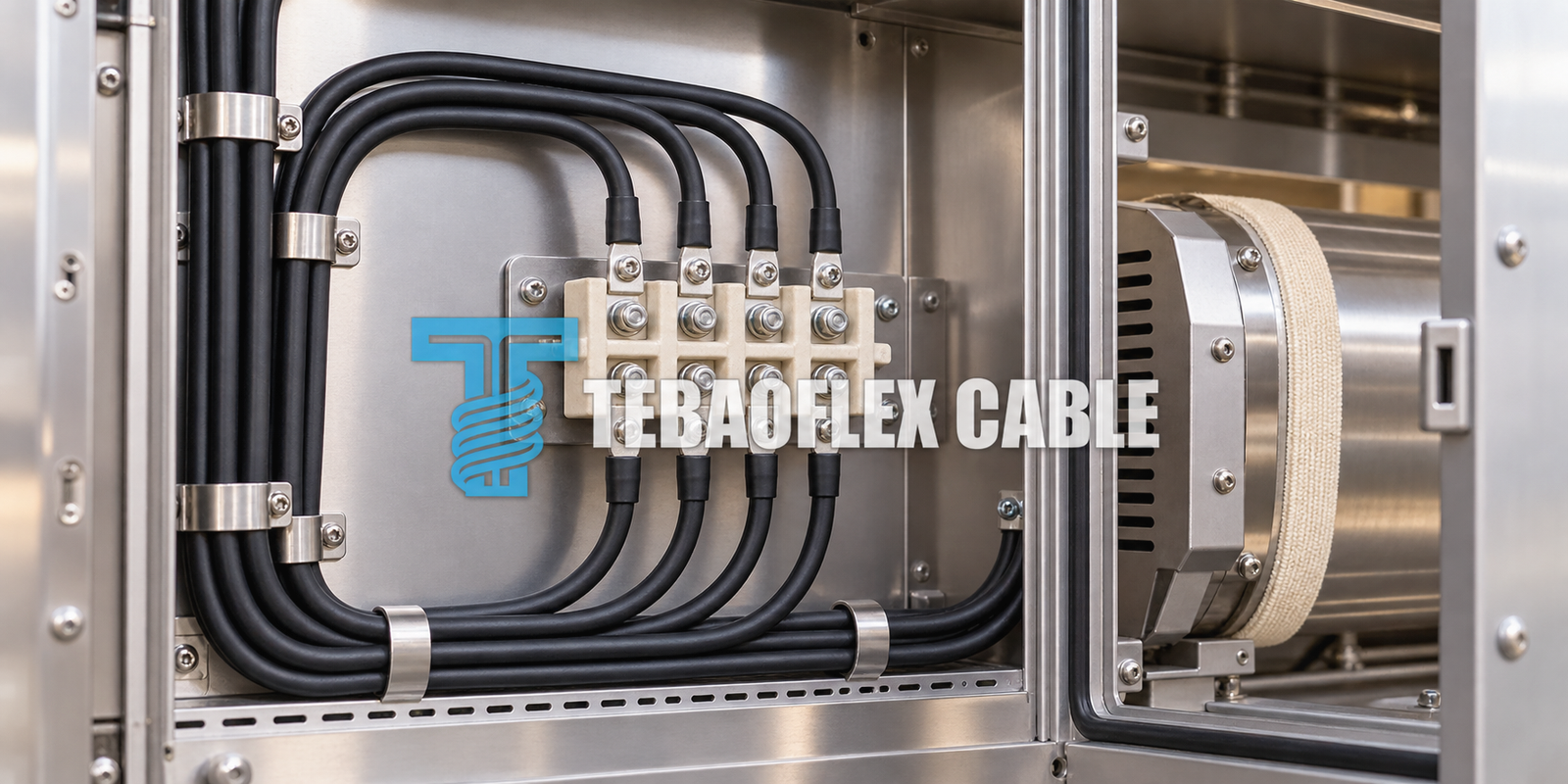 Illustrative silicone wire routed to terminal blocks inside an industrial heating-machine compartment, with centered TEBAOFLEX CABLE logo watermark