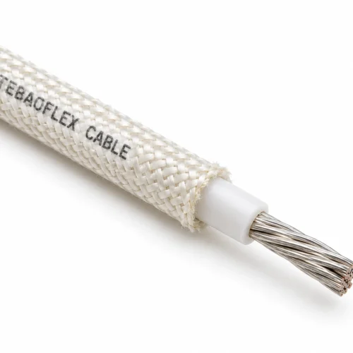 Illustrative white fiberglass braided single-core silicone wire with silver-plated stranded conductor and TEBAOFLEX CABLE text on cable