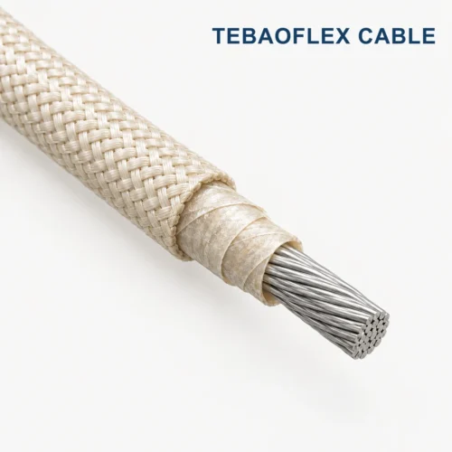 UL 5108 style single-core wire cutaway showing mica tape insulation and treated fiberglass braid