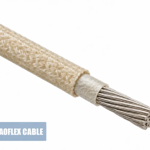 Illustrative UL 5476 style single-core wire showing fiberglass braid, mica layer and stranded nickel-plated copper conductor