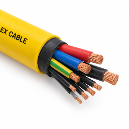 Yellow underground mining cable cutaway with three power cores, earth, control and monitoring conductors