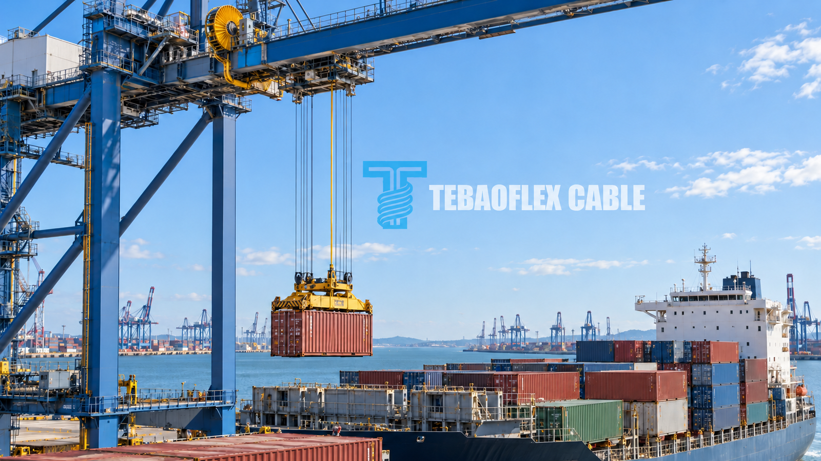 Conceptual container crane with vertically suspended yellow cable running from reel toward the spreader