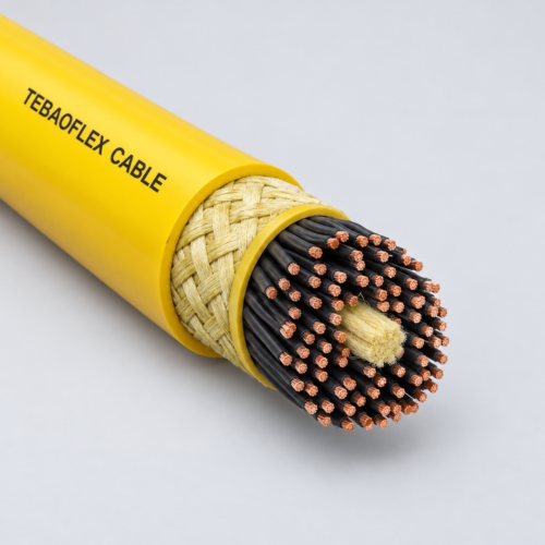 Illustrative yellow elastomer vertical reeling cable cutaway with numerous black copper cores and a central support element