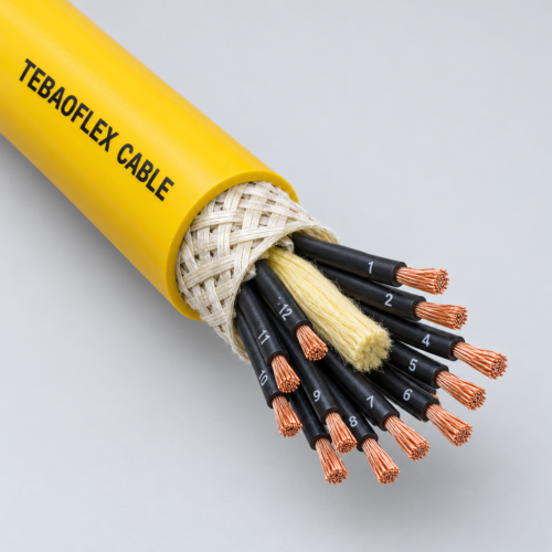 Illustrative yellow PUR spreader reeling cable cutaway with numbered copper conductor cores and central support element